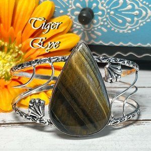 Tiger Eye Cuff Bangle Bracelet Handmade Gemstone Crystal 925 Silver Large New!